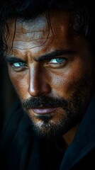 Cinematic High Contrast Portrait of a Man with Captivating Sincere Expression in Dramatic Moody Lighting