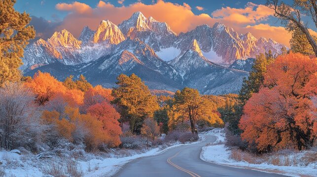 Scenic mountain road winding through autumn foliage at sunrise, snow-capped peaks.