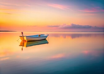 Naklejka premium Minimalist Close-Up of a Boat on Calm Lake Water at Sunset