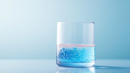 clear glass filled with blue liquid and bubbles against soft background