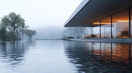 Modern house, infinity pool, foggy forest, luxury home, architectural design