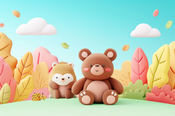Obraz premium Cute bear and hedgehog characters in colorful autumn landscape