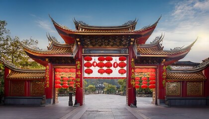 Fototapeta premium Festive Chinese Gate Red Lanterns Asian Architecture Temple Entrance Travel
