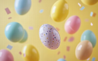 Glossy pastel Easter eggs levitating on a soft lemon background