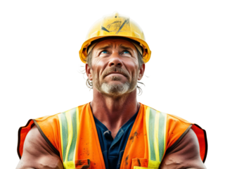Portrait of a construction worker wearing helmet and looking up, isolated on transparent background