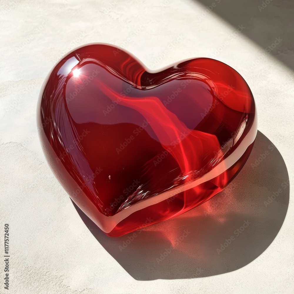 Poster a glossy red 3d heart lying on a soft shadow with a clean white backdrop