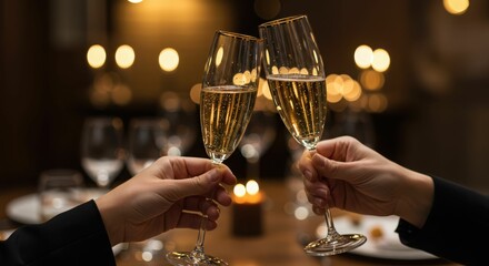 Close-up of two hands toasting with champagne glasses at elegant evening celebration