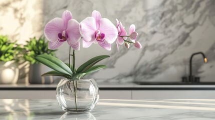 Fototapeta premium A beautiful orchid in a glass vase on a marble countertop, enhancing the decor.