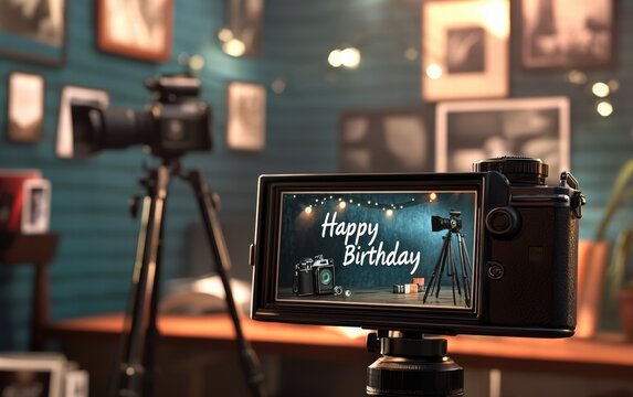 Happy Birthday on a camera display screen, with lenses, tripods, and photo prints in the background