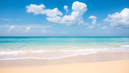 Fototapeta premium Serene Coastal Scene: Tranquil Beach, Turquoise Waters, Fluffy Clouds
