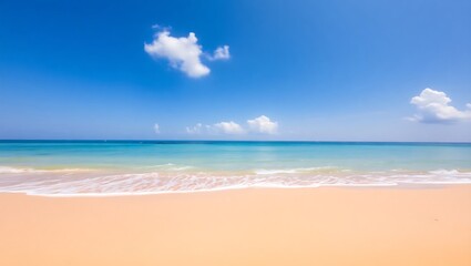 Fototapeta premium Serene Beachscape: Azure Ocean, Peach Sand, and Gentle Waves