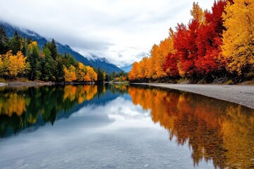 Obraz premium A tranquil river reflecting the vibrant autumn foliage of the surrounding forest