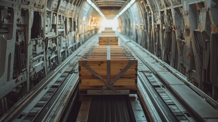 Wooden cargo pallets are securely placed inside a spacious cargo bay of an aircraft, ready for transport. The bright light at the end indicates an exit point for delivery