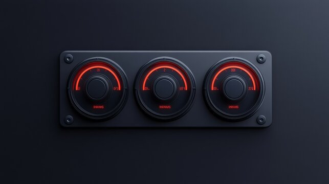 Three circular knobs are displayed on a sleek control panel. Each knob features a glowing red line, suggesting adjustment settings. The dark background enhances visibility and offers copy space