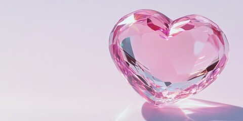 A shiny pink crystal heart with reflective details resting on white