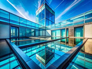 Fototapeta premium Minimalist Glass Rooftop Architecture Reflecting Blue Sky - Double Exposure Stock Photo