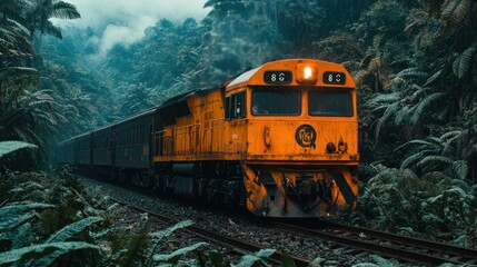 Obraz premium Scenic train journey through lush rainforest.