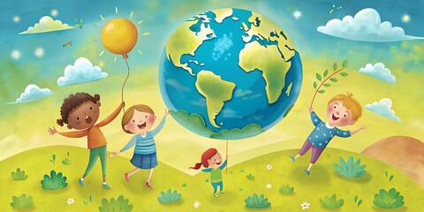 Naklejka premium Children joyfully holding balloons and embracing the beauty of the earth in a vibrant, colorful landscape full of life and happiness