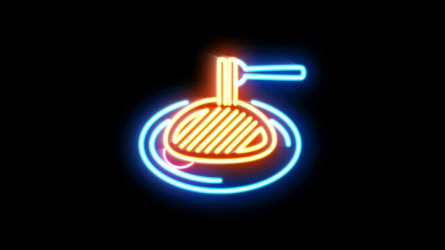 The blinking neon light of a food and beverage icon on a black background.