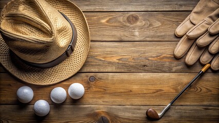 Minimalist Golf Flat Lay: Panama Hat, Glove, Balls & Clubs on Wood
