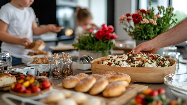 family tradition, heartwarming scene of a family assembling mishloach manot baskets with homemade goodies and gifts to share with others