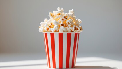 A Red Striped Cup Filled With Buttery Popcorn.