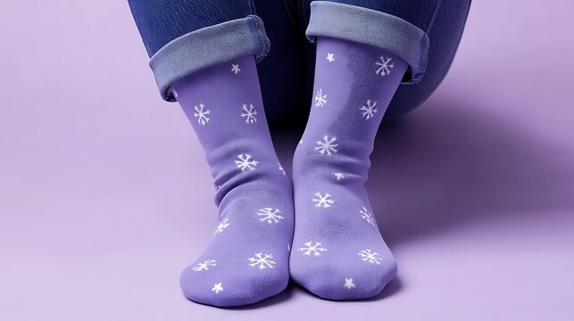 Cotton blend socks with tiny ski motifs on light purple background