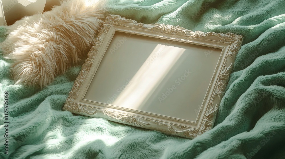 Aufkleber a soft turquoise blanket and fluffy pillow create a serene background for a vintage white frame bask