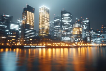 Obraz premium A mesmerizing long-exposure photograph of a modern city at night, showcasing illuminated skyscrapers reflected on a calm water surface.