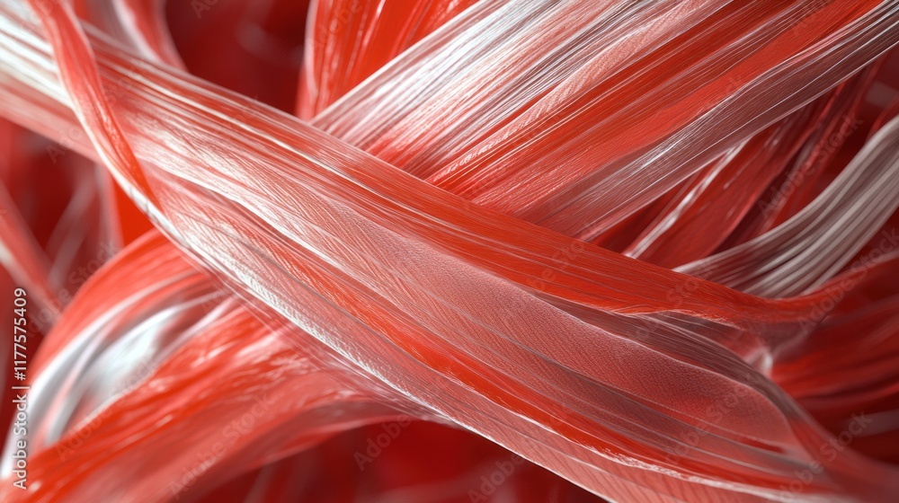 Aufkleber intricate close-up of red and transparent fibers intertwined, showcasing their fluidity and texture,