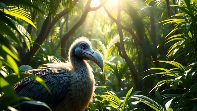 Serene Jungle Bird: Sunlit Dronte in Lush Foliage