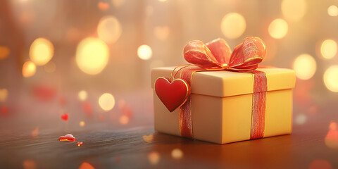 Romantic Gift Box with Red Ribbon and Heart Charm, Glowing Bokeh Background