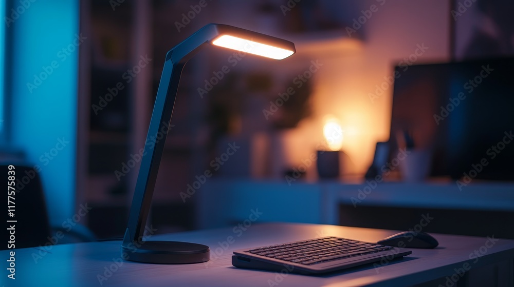 Poster a modern desk lamp illuminates a workspace with a keyboard and mouse in a cozy environment.