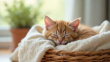 A serene cat curled up in a cozy, decorated basket, peacefully sleeping. The soft lighting and simple, calm background capture the relaxing beauty of a pet enjoying National Pet Day.