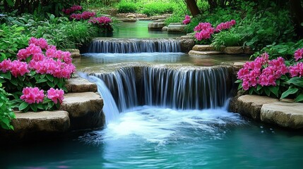 Serene cascading waterfalls in a lush garden with pink flowers.