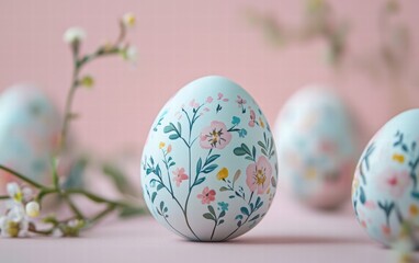 Fototapeta premium Painted pastel eggs with spring floral details, hovering on a faint blush pink background