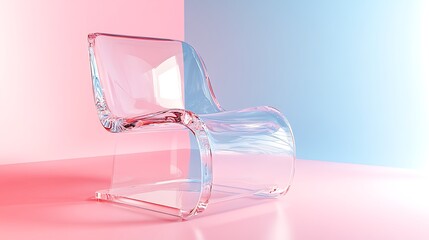 Curved acrylic chair with transparent design on pink and blue background