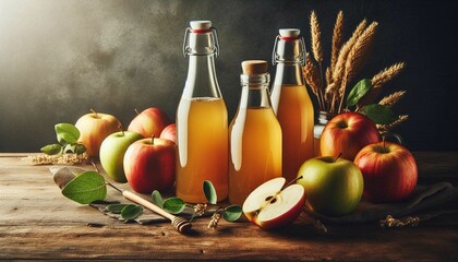a wooden table filled with glasses with apple juice and apples; aesthetic composition