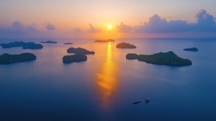 Obraz premium Serene sunrise over tranquil archipelago islands.