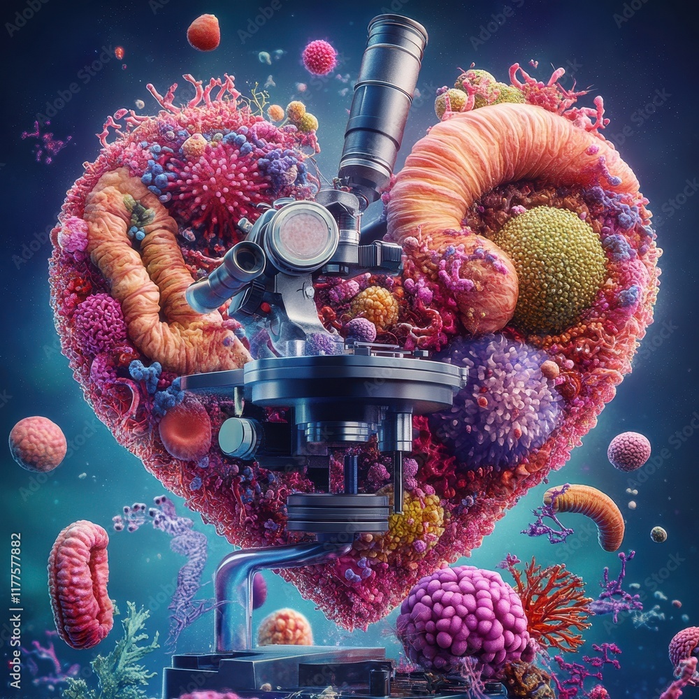 Poster microscopic view of a heart shaped cellular structure