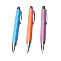 three colorful ballpoint pens arranged in a row. showcasing a vibrant blue. orange. and purple design these pens are commonly used for writing. drawing. or note-taking. making them practical tools for