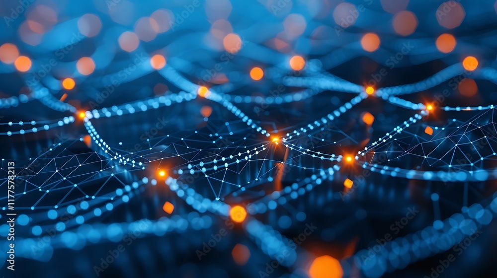 Poster abstract representation of a blockchain network, with interconnected nodes and glowing lines on a da