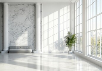 A large, bright white room with high ceilings and columns, a white marble floor, and large windows
