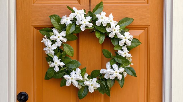 beautiful jasmine flower wreath hung on a door, used for welcoming guests or as a festive decoration for special occasions. Jasmine 