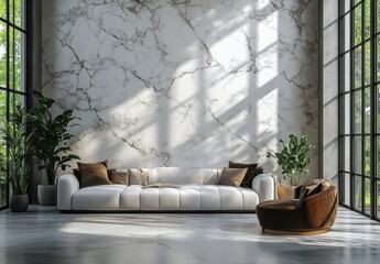 A large, bright white room with high ceilings and columns, a white marble floor, and large windows