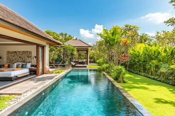 Fototapeta premium Tropical villa with private pool surrounded by lush greenery and a sunny blue sky