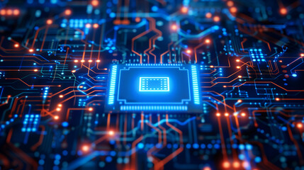 Close-Up of Glowing Circuit Board Microchip
