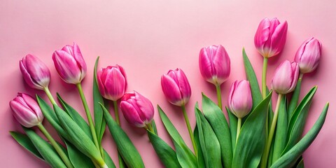 Obraz premium Minimalist Pink Tulip Flat Lay: Floral Design Background with Green Leaves