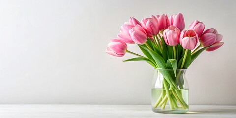 Fototapeta premium Minimalist Pink Tulips in Vase - Simple White Background Stock Photo