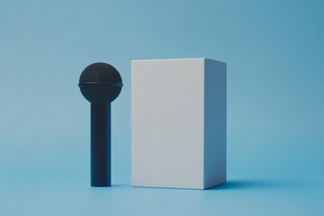 Microphone, box, blue background, podcasting